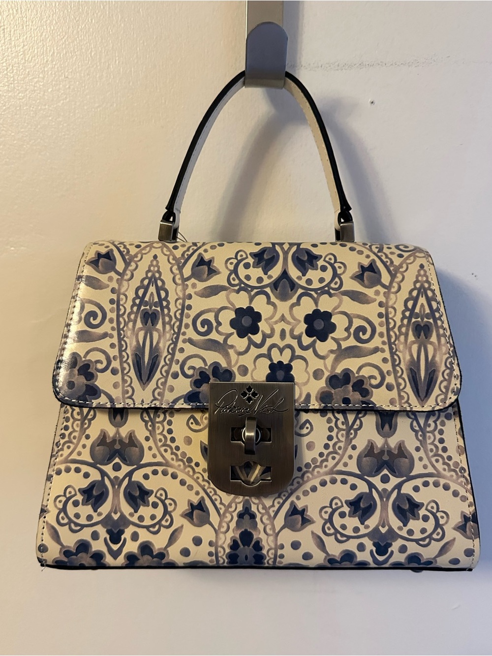 Patricia Nash Cream and Blue Floral Top-Handle Satchel